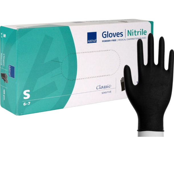Unders�gelseshandske, ABENA Classic Sensitive, S, sort, nitril, pudderfri